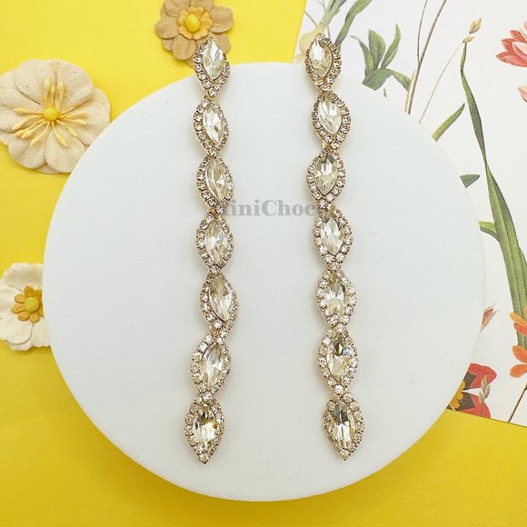 Gold Tone Rhinestone Oval Crystal Dangle Earrings - Picture 1 of 8